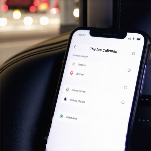 A smartphone showing synced travel calendar details on a luxury car seat