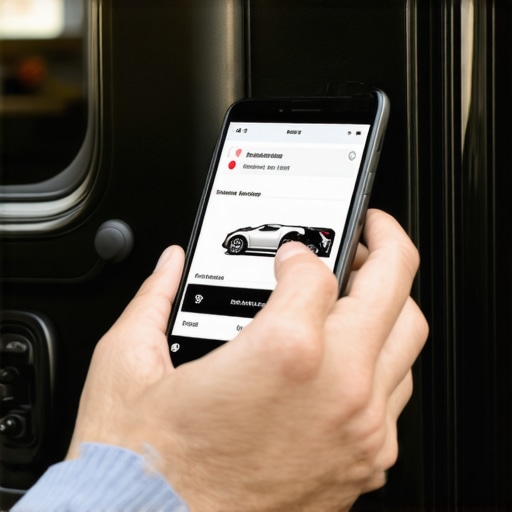 A passenger verifying a car's license plate against their phone app before boarding a private car service.