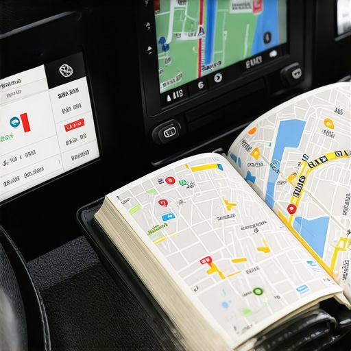 The Intersection of Human Expertise and Navigation Technology A luxury car dashboard with professional navigation tools and a paper map for backup.