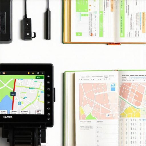 A clean car dashboard with secondary GPS and a physical map for redundant navigation safety.
