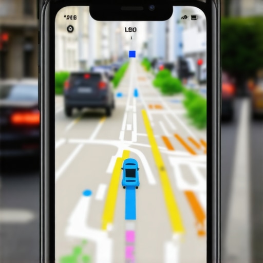 Smartphone showing a GPS map with signal interference in a city setting