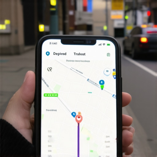 Smartphone showing a GPS map with a delay in a city setting.