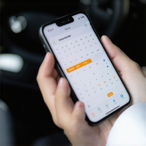 Smartphone showing calendar sync and secure payment in a luxury car
