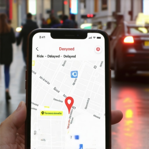 The danger of digital ETAs in city traffic Close-up of a mobile app showing a delayed car arrival in a busy city center at night.