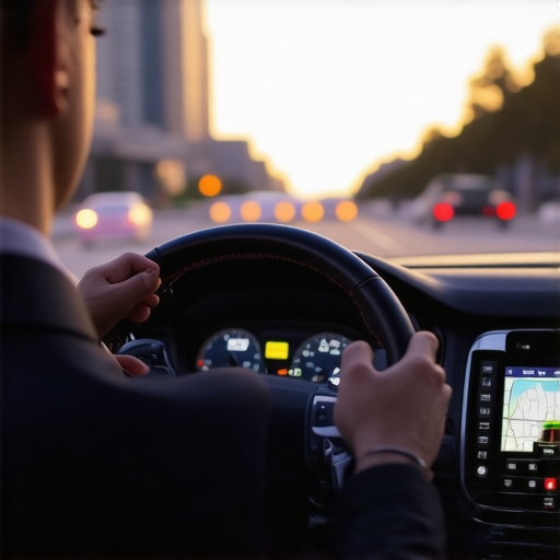 Professional driver navigating city streets with high-end equipment
