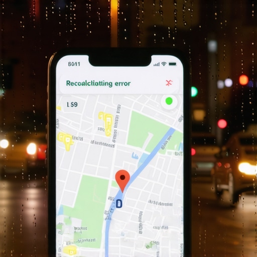 Close-up of a smartphone displaying a GPS navigation error in a rainy city
