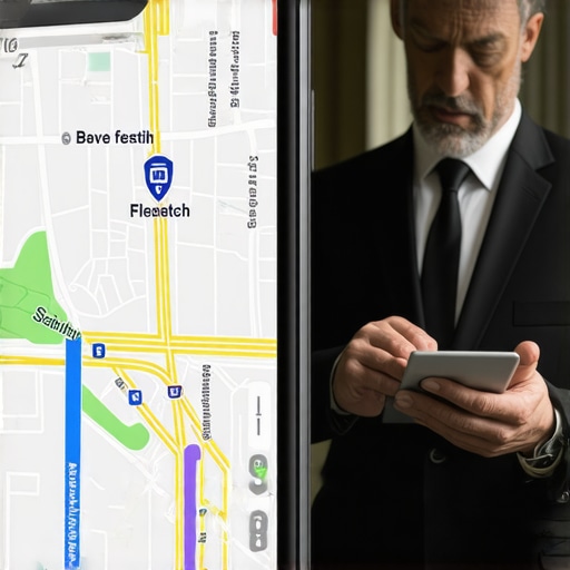 A smartphone showing a ride-tracking app with traffic delays next to a professional driver.