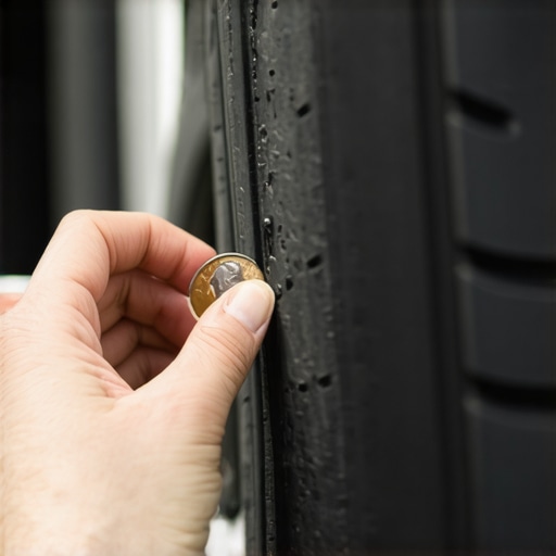 A person performing a penny test on a car tire to check for maintenance quality.