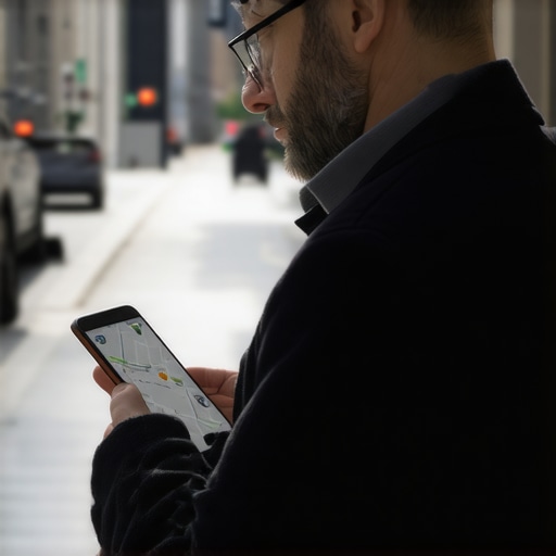 A traveler checking a vehicle tracking app on a city street to manage a late ride reservation.
