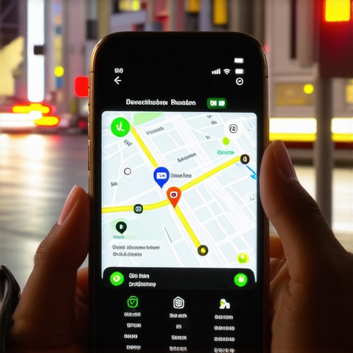 A person cross-referencing GPS data on a smartphone to ensure ride security in an urban environment.