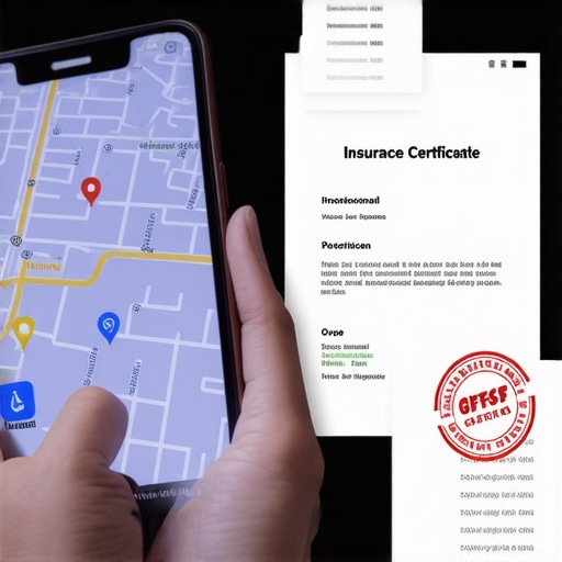 Close up of a smartphone with GPS tracking and a commercial insurance document.