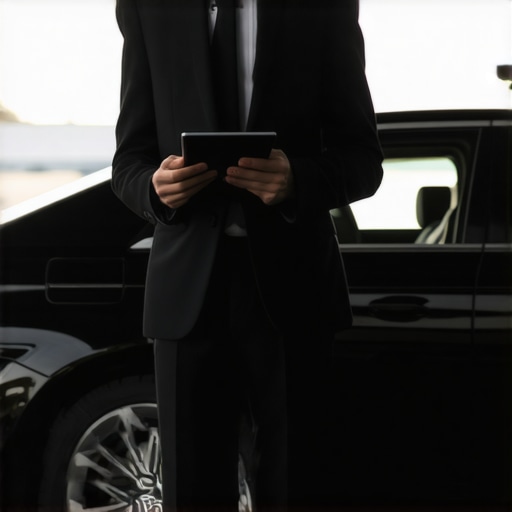 Professional chauffeur waiting with a luxury car and digital name board for passenger verification.
