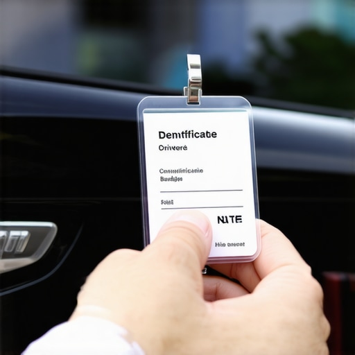A professional driver displaying a commercial ID badge for safety verification.