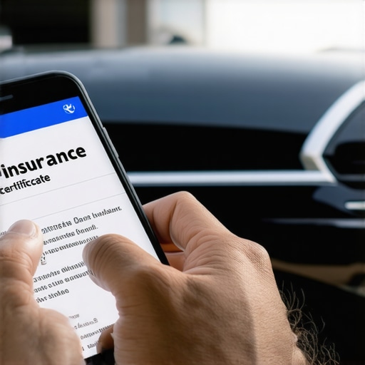 Verifying Commercial Insurance Proof A traveler holding a smartphone with an insurance certificate next to a luxury black car