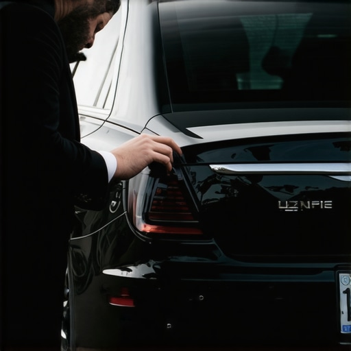 A professional driver checking the commercial license plate of a luxury car to ensure safety and legal compliance.