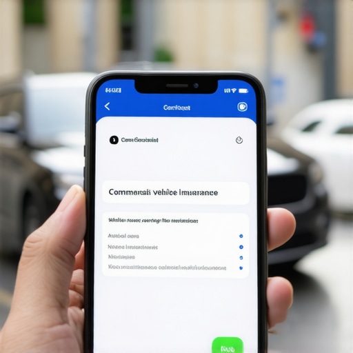 Verifying Commercial Vehicle Insurance on Smartphone A smartphone screen showing a commercial auto liability insurance policy certificate next to a luxury sedan.