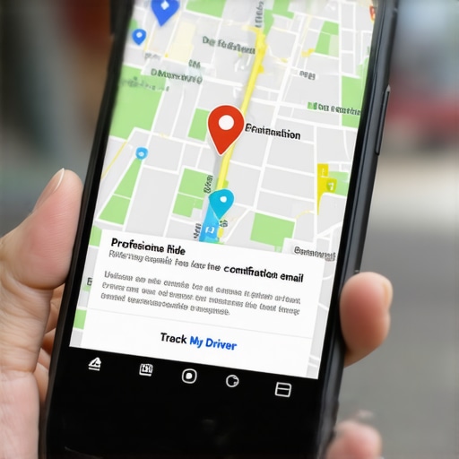 Close up of a professional ride confirmation email on a mobile device showing live tracking data and dispatch details.
