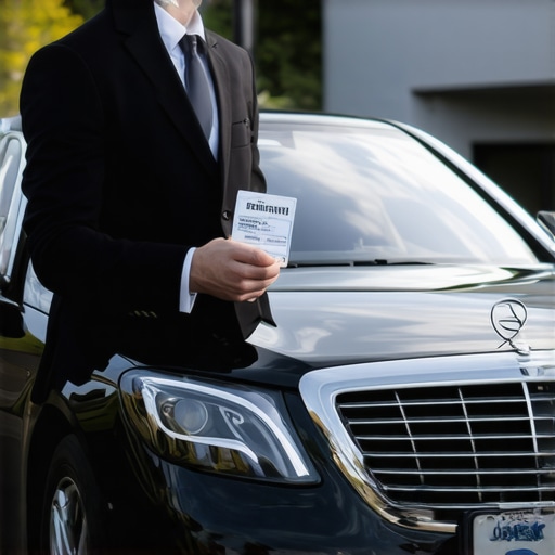 Verifying Private Driver Credentials and Vehicle Safety A close-up of a chauffeur's commercial ID badge being checked by a passenger before boarding a luxury sedan.