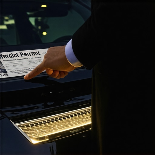 A chauffeur showing a commercial permit on a luxury car windshield