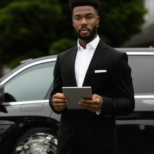 A professional chauffeur showing a reservation screen next to a luxury vehicle with a commercial permit.