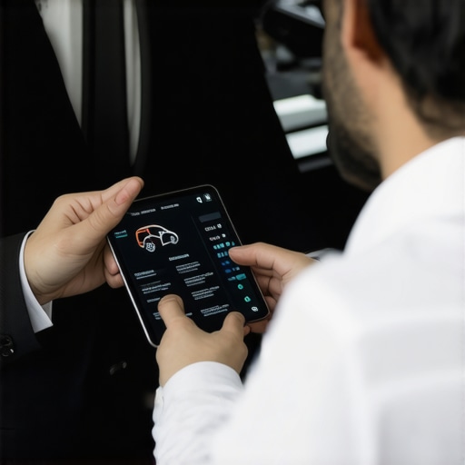 A chauffeur demonstrating vehicle maintenance logs to a passenger for safety assurance.