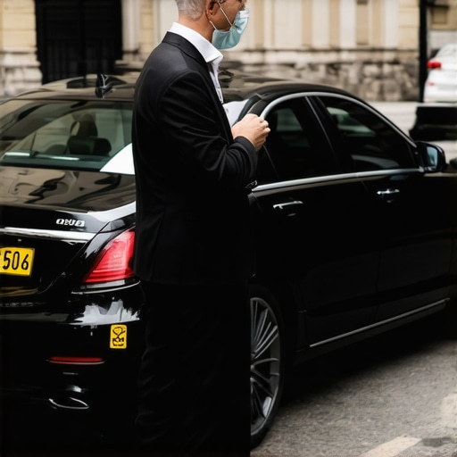 A businessman checking the commercial plates and safety stickers of a private hire car for security.