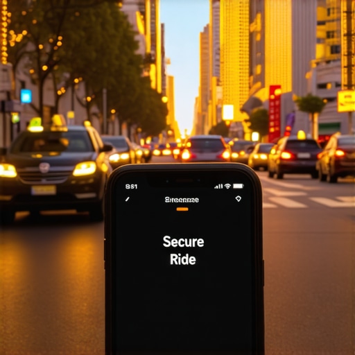 Verifying a Private Car Reservation During a Busy Holiday Night A person checking their phone to verify a professional driver's credentials against a parked black sedan on a city street.