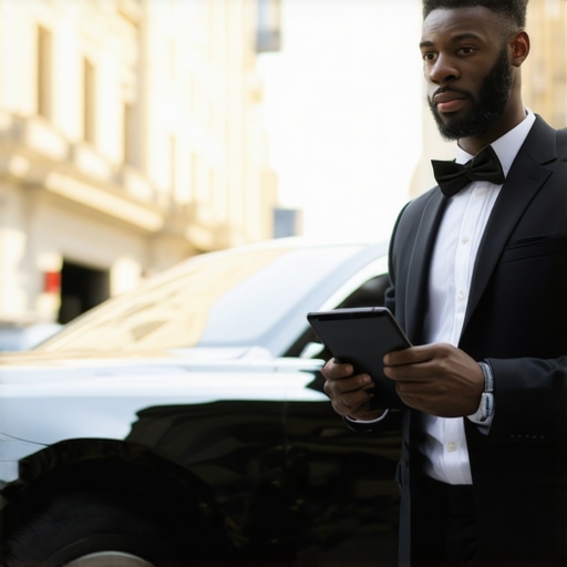 Verifying a Professional Hourly Driver Reservation A professional chauffeur showing a digital reservation confirmation next to a luxury black car.