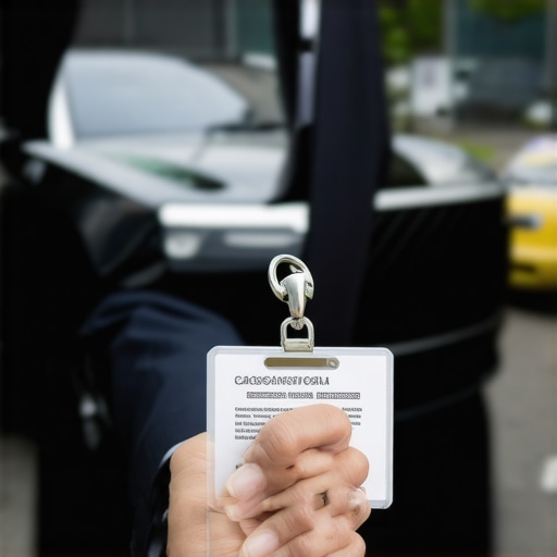 A chauffeur showing an official identification badge near a luxury vehicle.