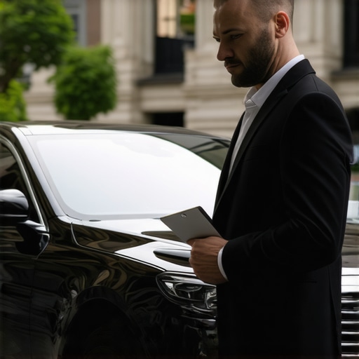Chauffeur standing by a luxury vehicle checking reservation details on a tablet.