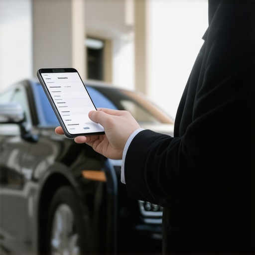 Verifying a professional ride confirmation A driver showing a legitimate digital reservation on a phone next to a luxury car.