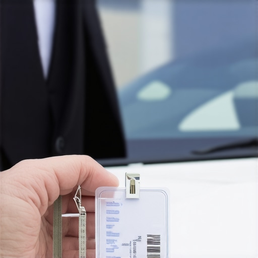 A traveler verifying the commercial license of a private driver before boarding a luxury vehicle.