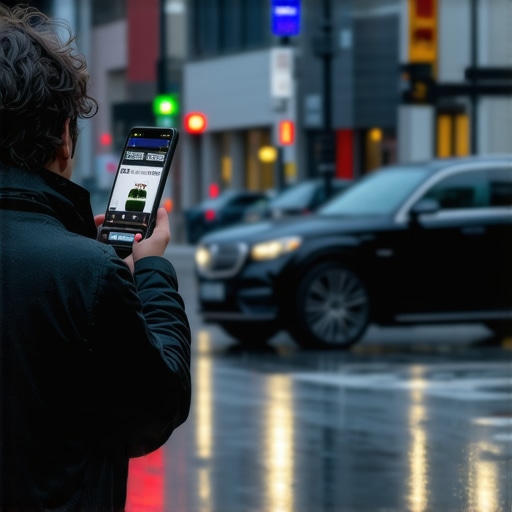 A traveler checking a driver's safety token and license plate on their phone before entering a car