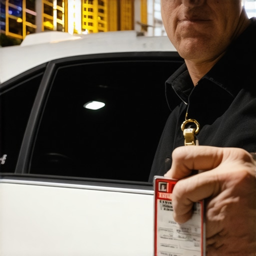Verifying professional driver credentials at night A professional driver displaying a secure identification badge for verification.