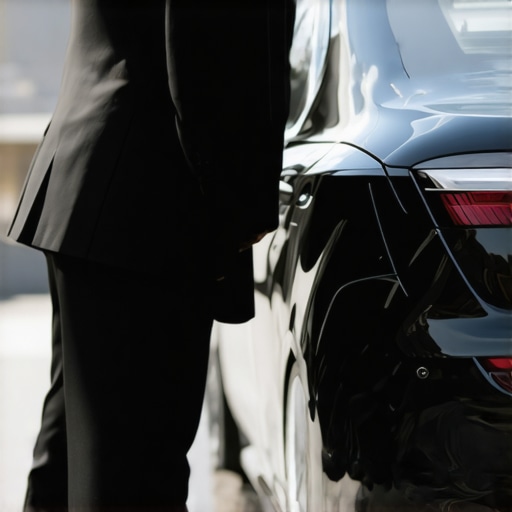 A chauffeur opening a luxury car door with visible commercial plates.