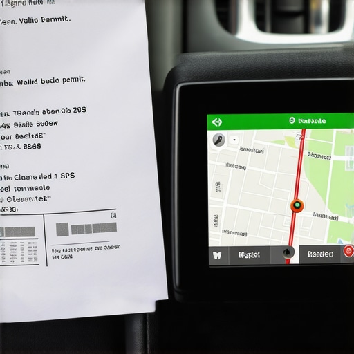 Verifying the chauffeur's permit and professional GPS setup Close-up of a legitimate chauffeur permit on a vehicle dashboard next to professional navigation equipment.
