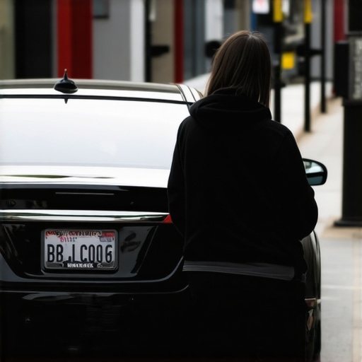 A passenger checking a professional car's license plate.