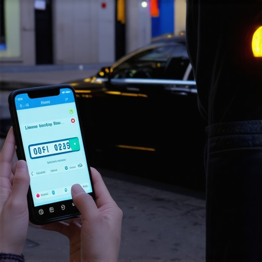 Verifying vehicle license plate with a mobile app A traveler checking their phone to match vehicle details before boarding a private car.
