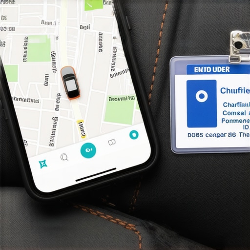 Smartphone showing real-time ride tracking and a professional chauffeur ID badge